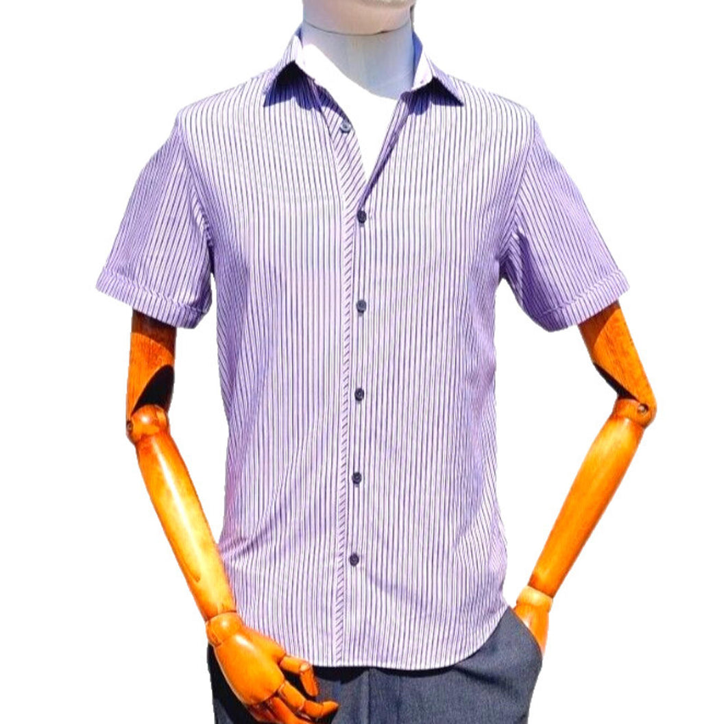Jeff Banks Mens Shirt Small Purple White Stripe Short Sleeve Cotton Casual Smart