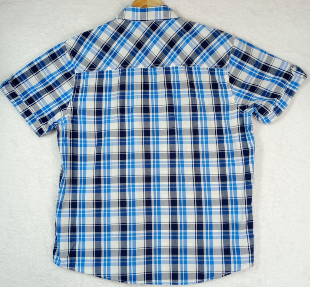 Lee Cooper Men's Shirt UK Size L Blue Check Short Sleeve Pockets 100% Cotton
