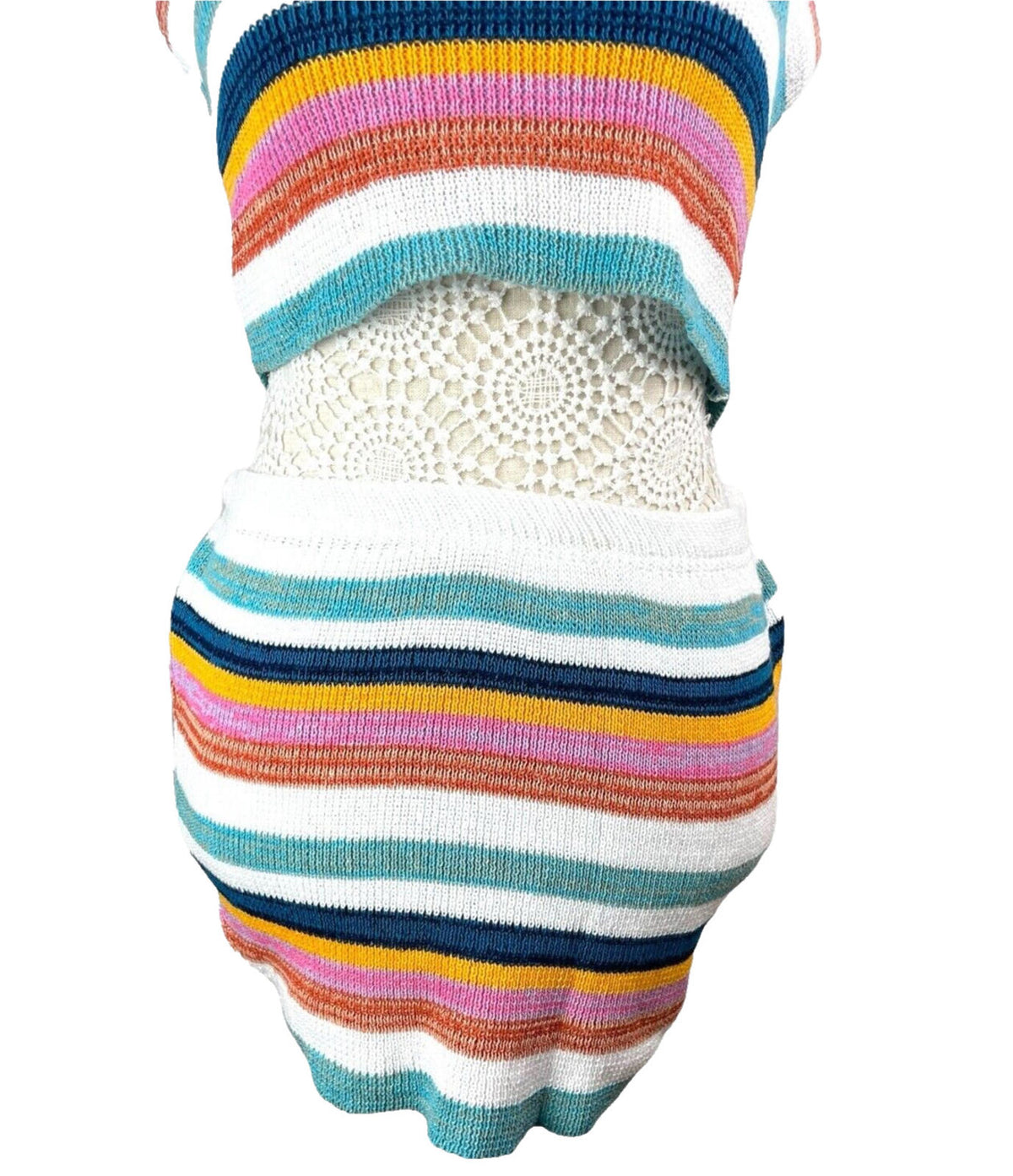 Multicolour Stripe Knit Two-Piece Set Women's UK Size 8 Bandeau Crop Top & Skirt