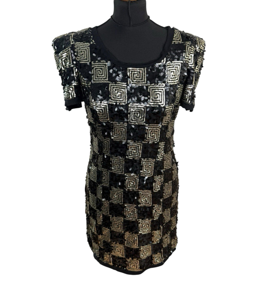 Made By Miso Sequin Mini Dress Black & Gold Check Sparkle Women's UK Size 14