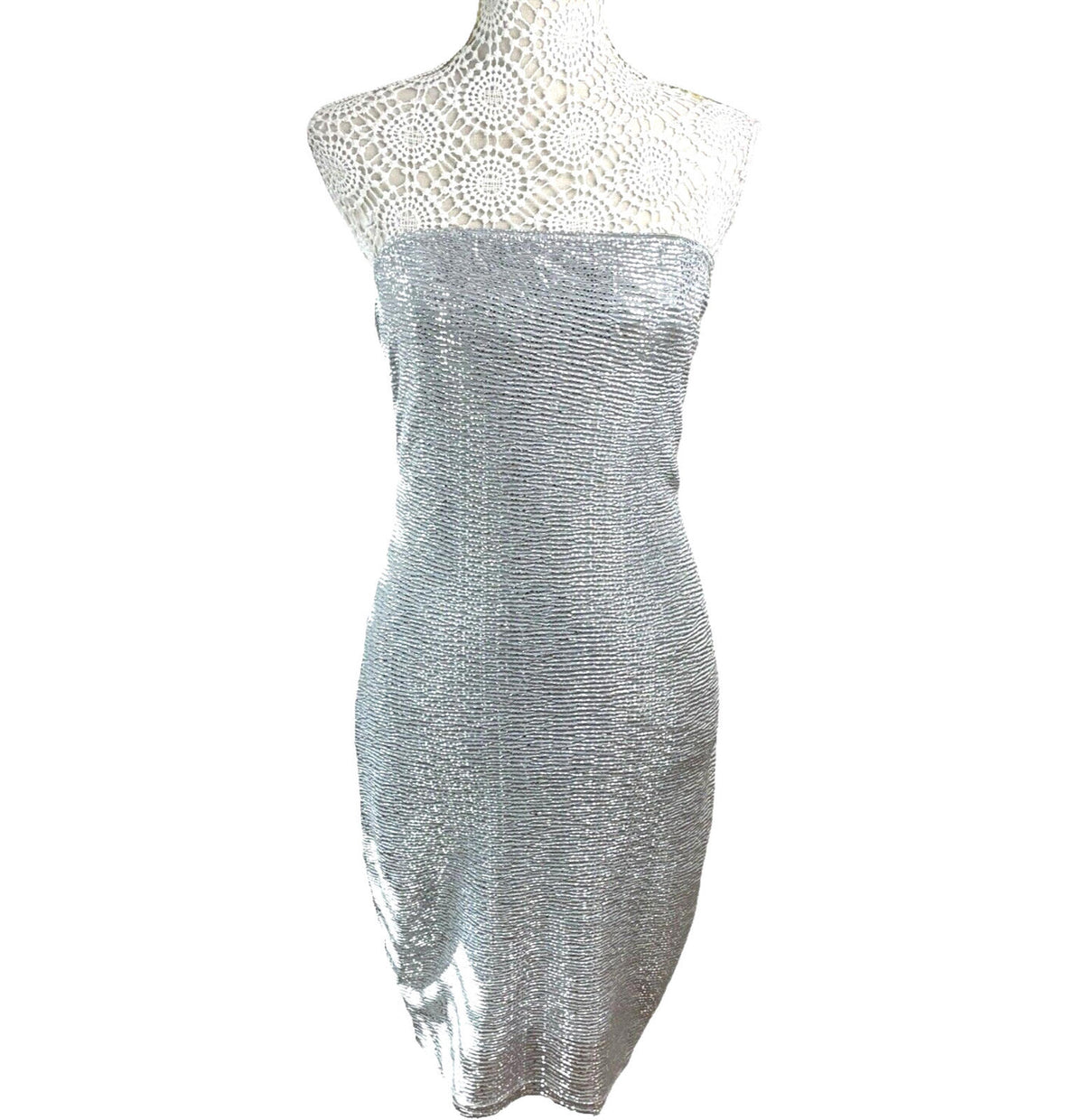 Manor Bodycon Midi Dress Silver Metallic Effect Strapless Women’s UK Size 8