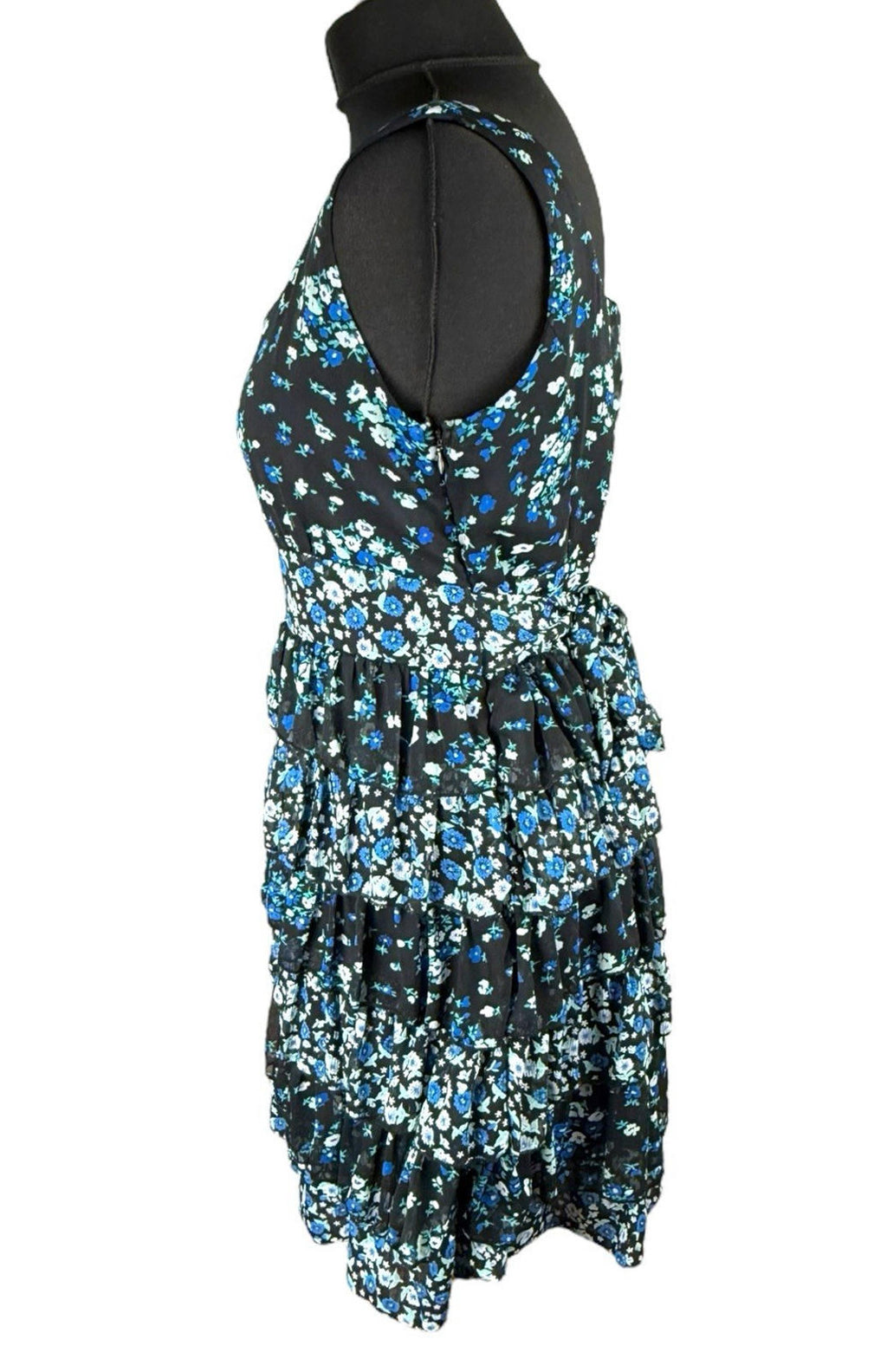 Austin Black Floral Mini Dress Ruffle Layers Tie Back Women's UK Size 18