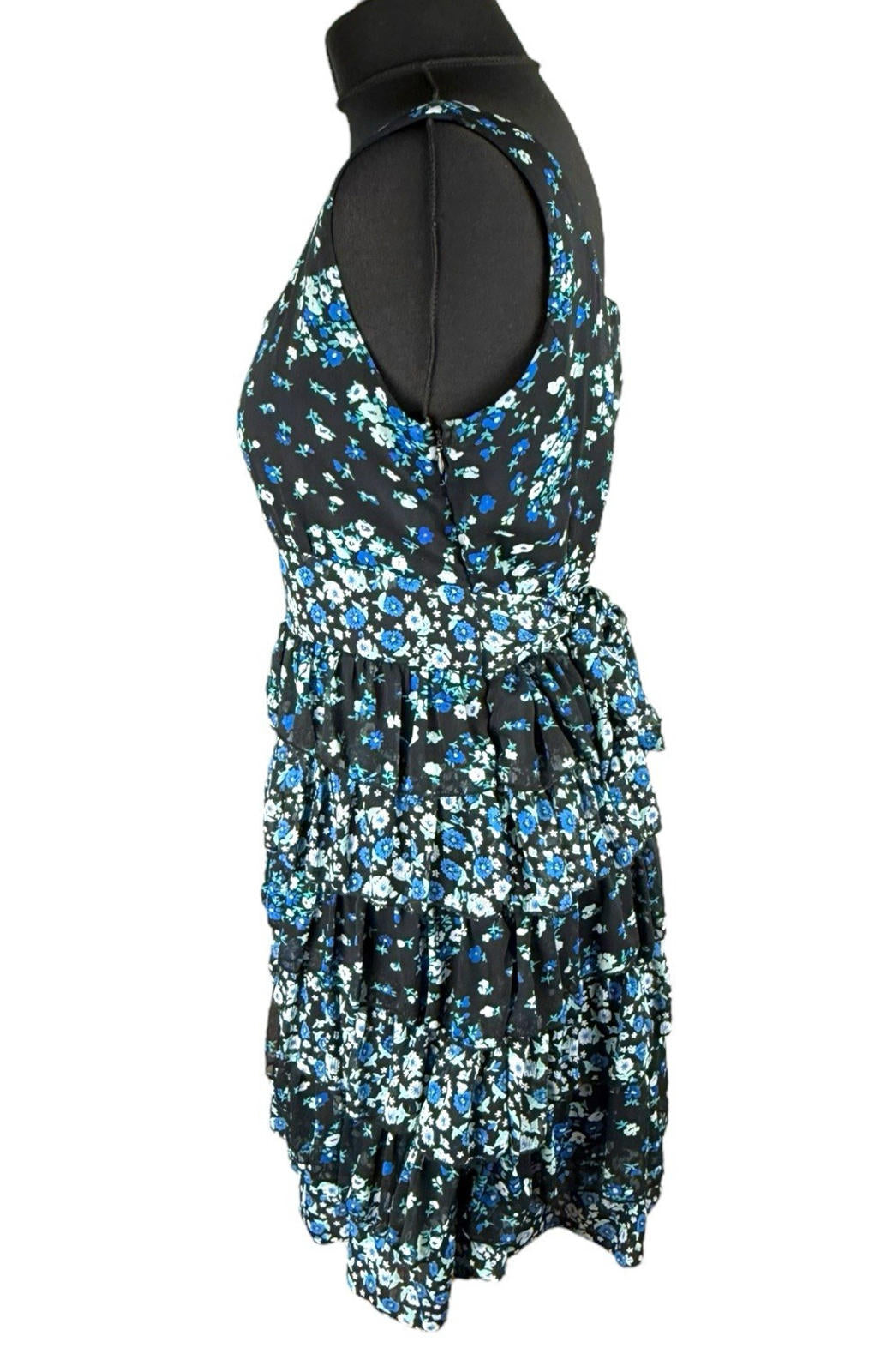 Austin Black Floral Mini Dress Ruffle Layers Tie Back Women's UK Size 18
