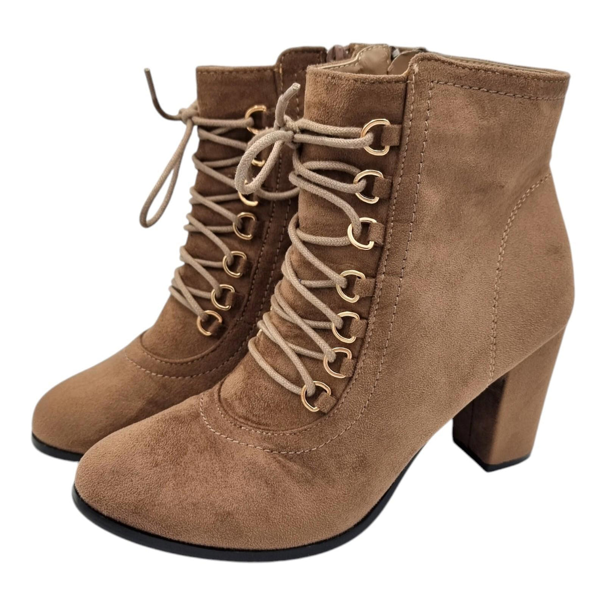 Laura Mode Beige Suede Lace Up Ankle Boots Women's UK Size 6.5 Block Heel Zip
