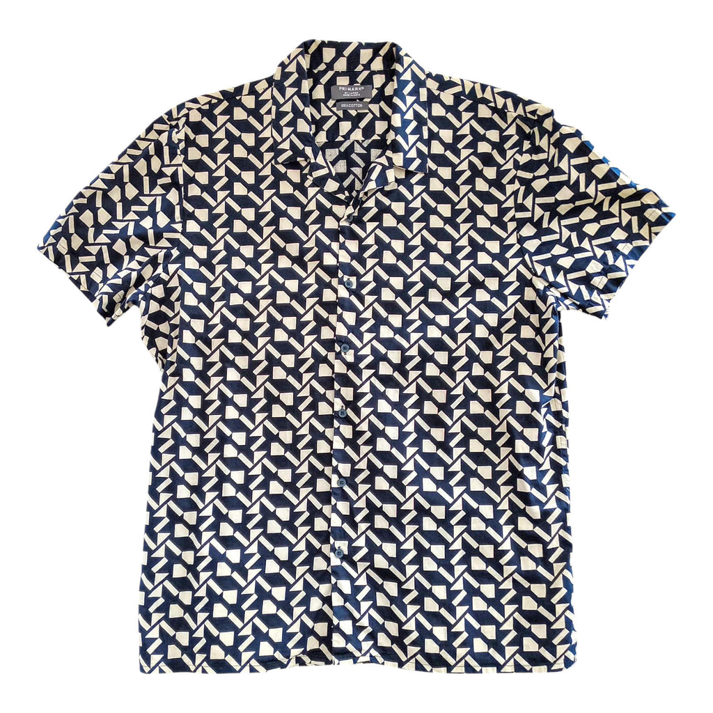 Primark Shirt Short Sleeve Geometric Black White 100% Cotton Men's UK Size 2XL
