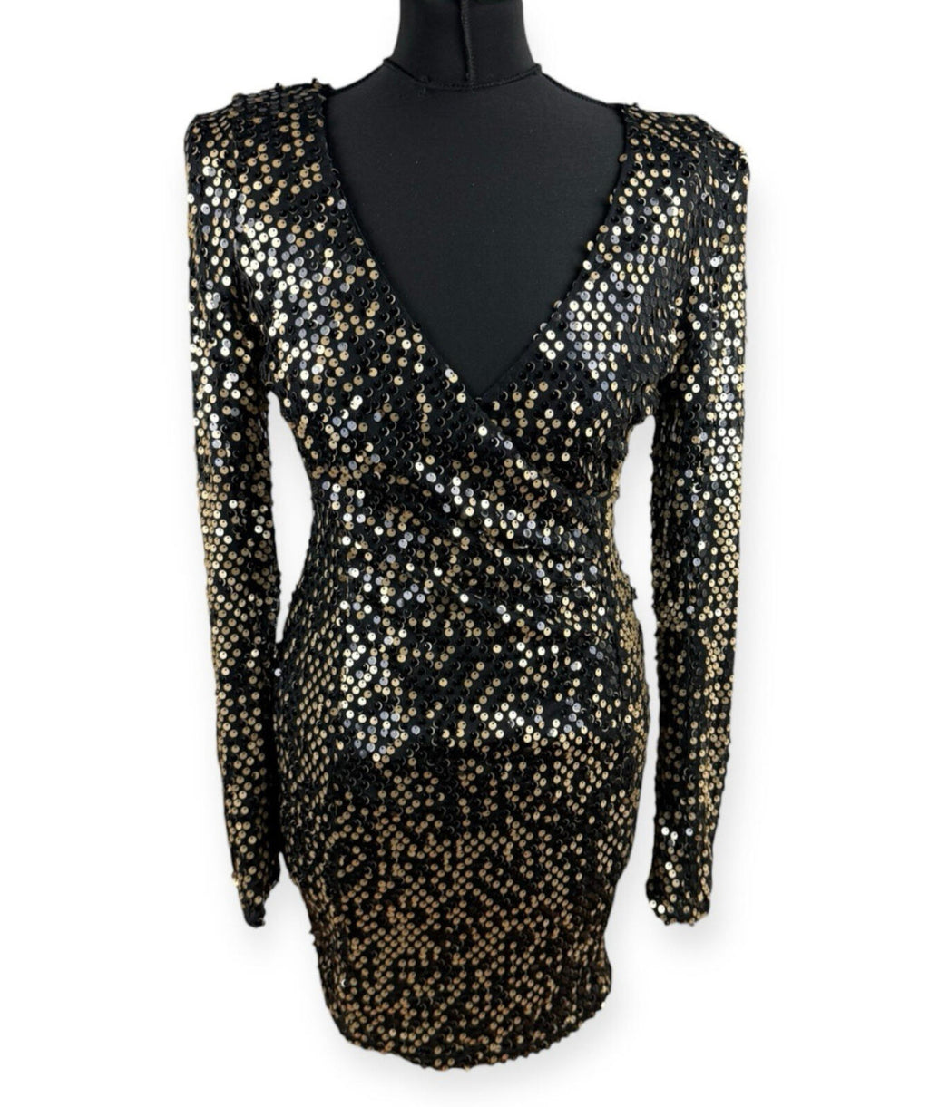AX Paris Sequin Mini Dress Women's UK Size 10 Long Sleeve Black Gold