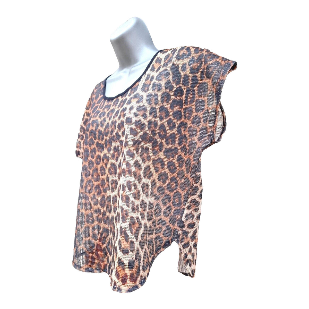 Primark Beige Leopard Print Mesh T-Shirt Blouse Crop Top Women's UK Size 10 Dolman Sleeve