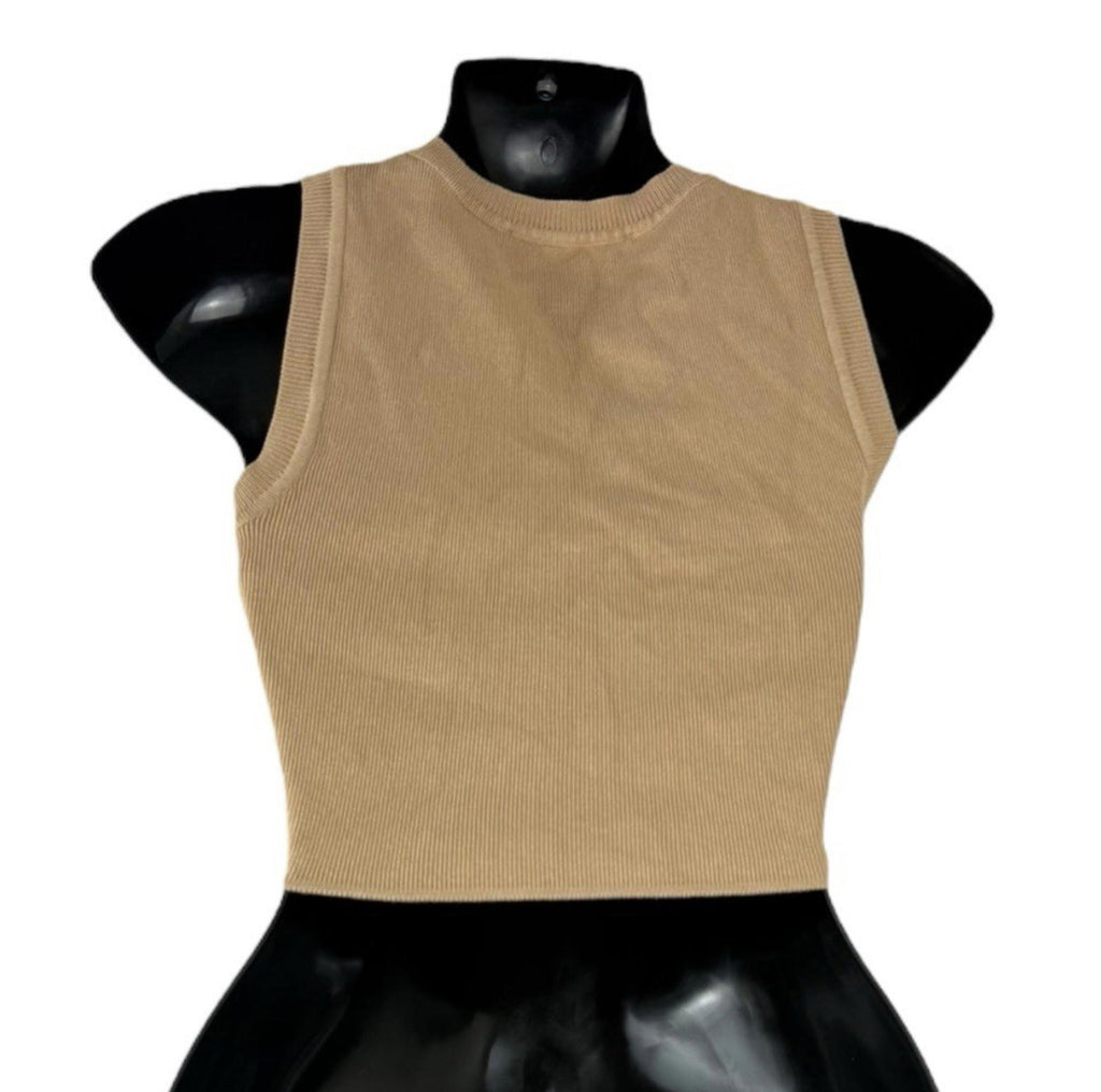 Zara Tan Knitted Crop Top Round Neck Tank Women's UK Size S