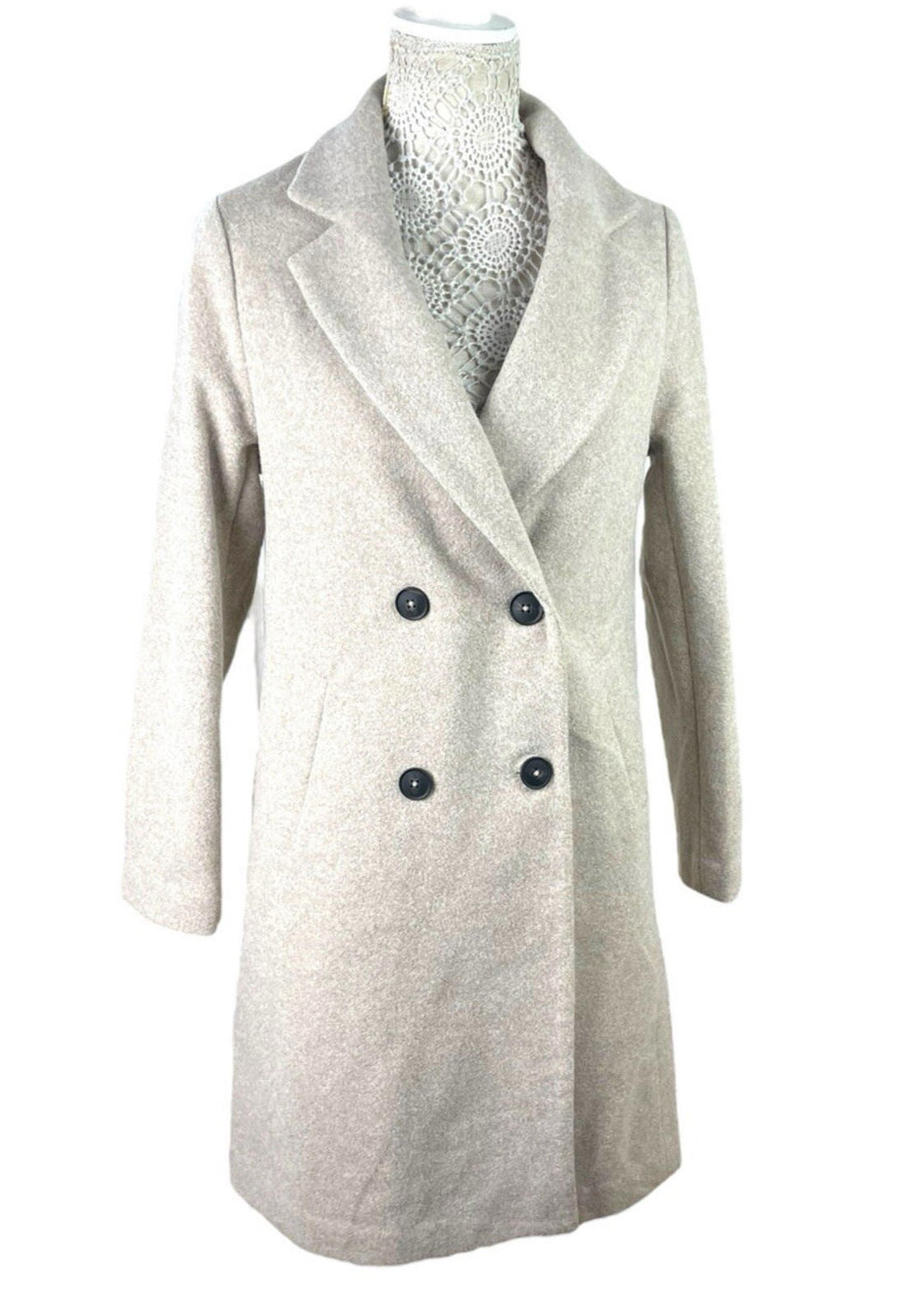 New Look Stone Wool Effect Long Coat Jacket Double Breasted Women’s UK Size 6