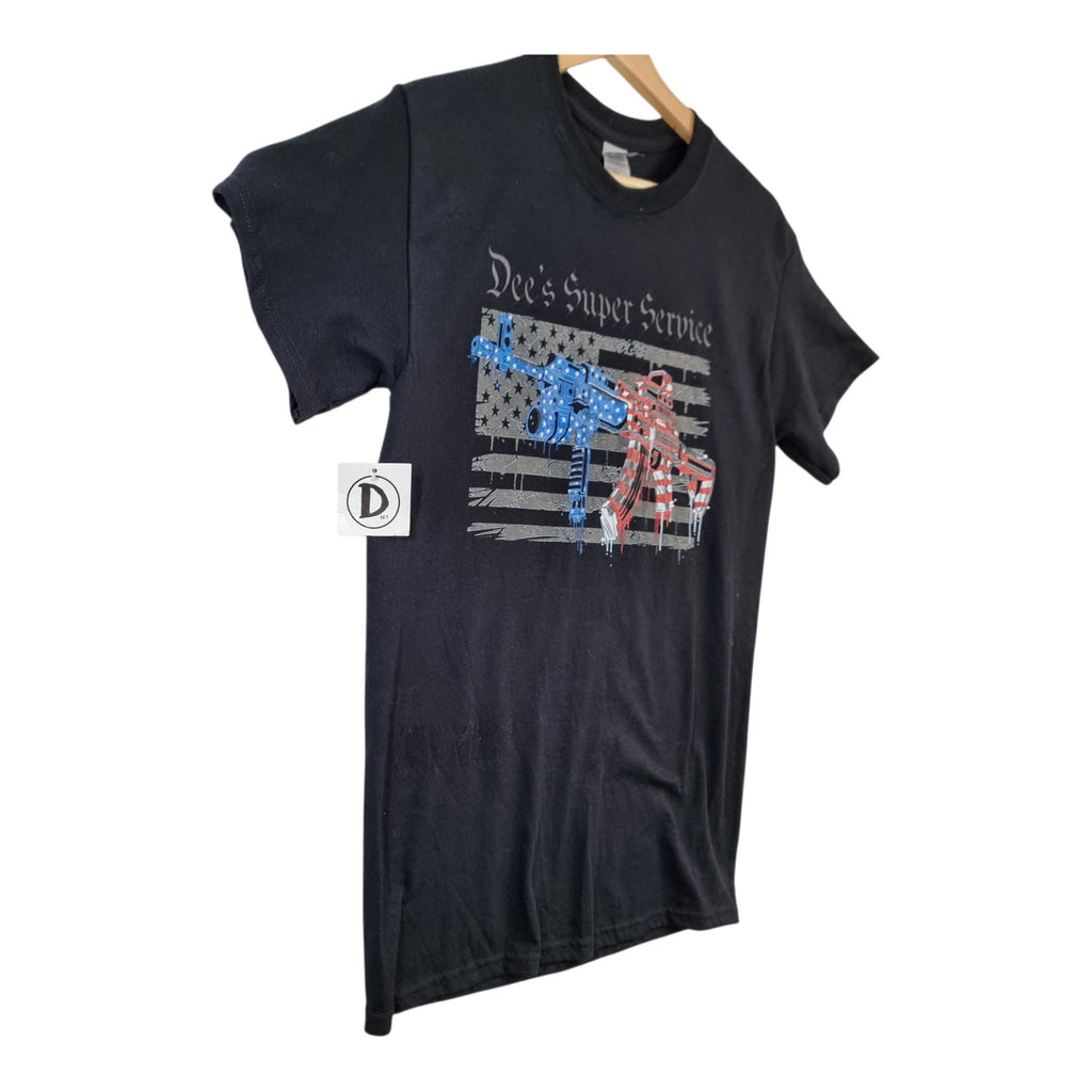 Gildan Black Graphic Print T-Shirt Men's UK Size S Black Dee's Super Service 100% Cotton