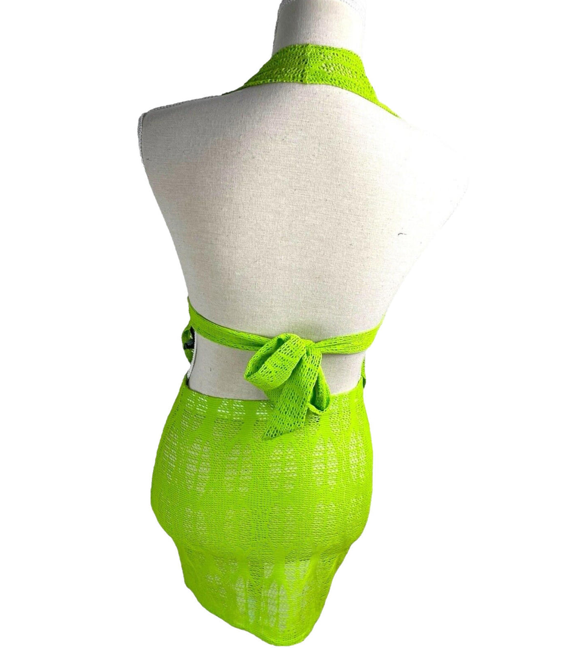 Lime Green Knit Mesh Skirt Co-Ord Set Cowl Halter Neck Women's UK Size 8