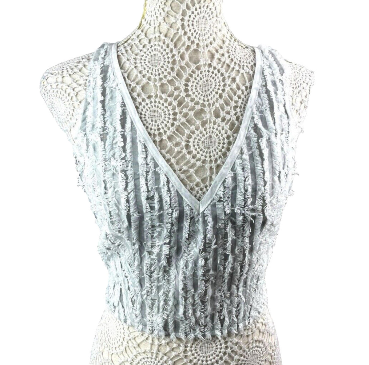 Pretty Little Thing Grey Mesh Vest Top Frayed Stripe Detail Women's UK Size 8