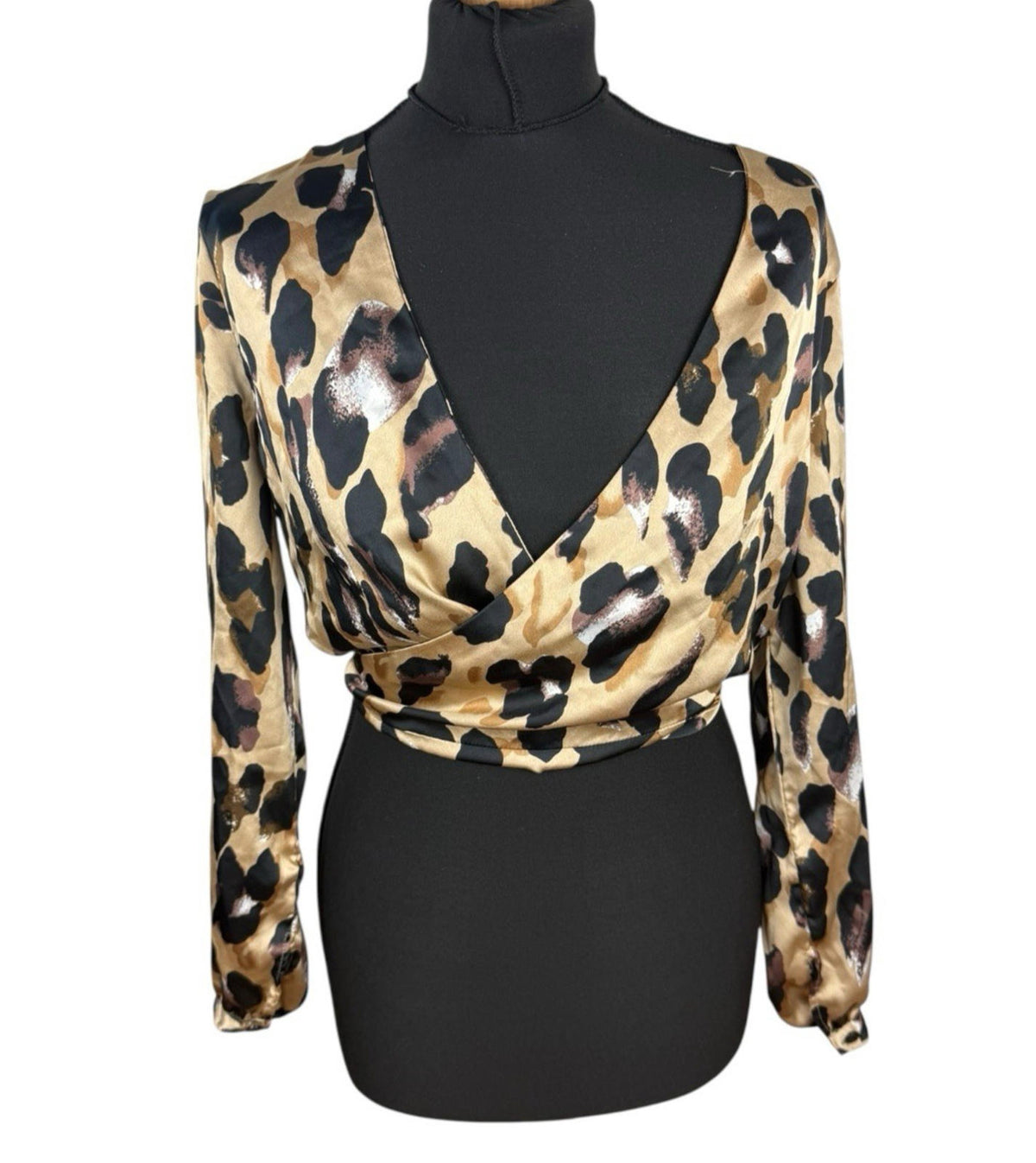 Boohoo Satin Crop Top Leopard Print Backless V Neck Women's UK Size 12