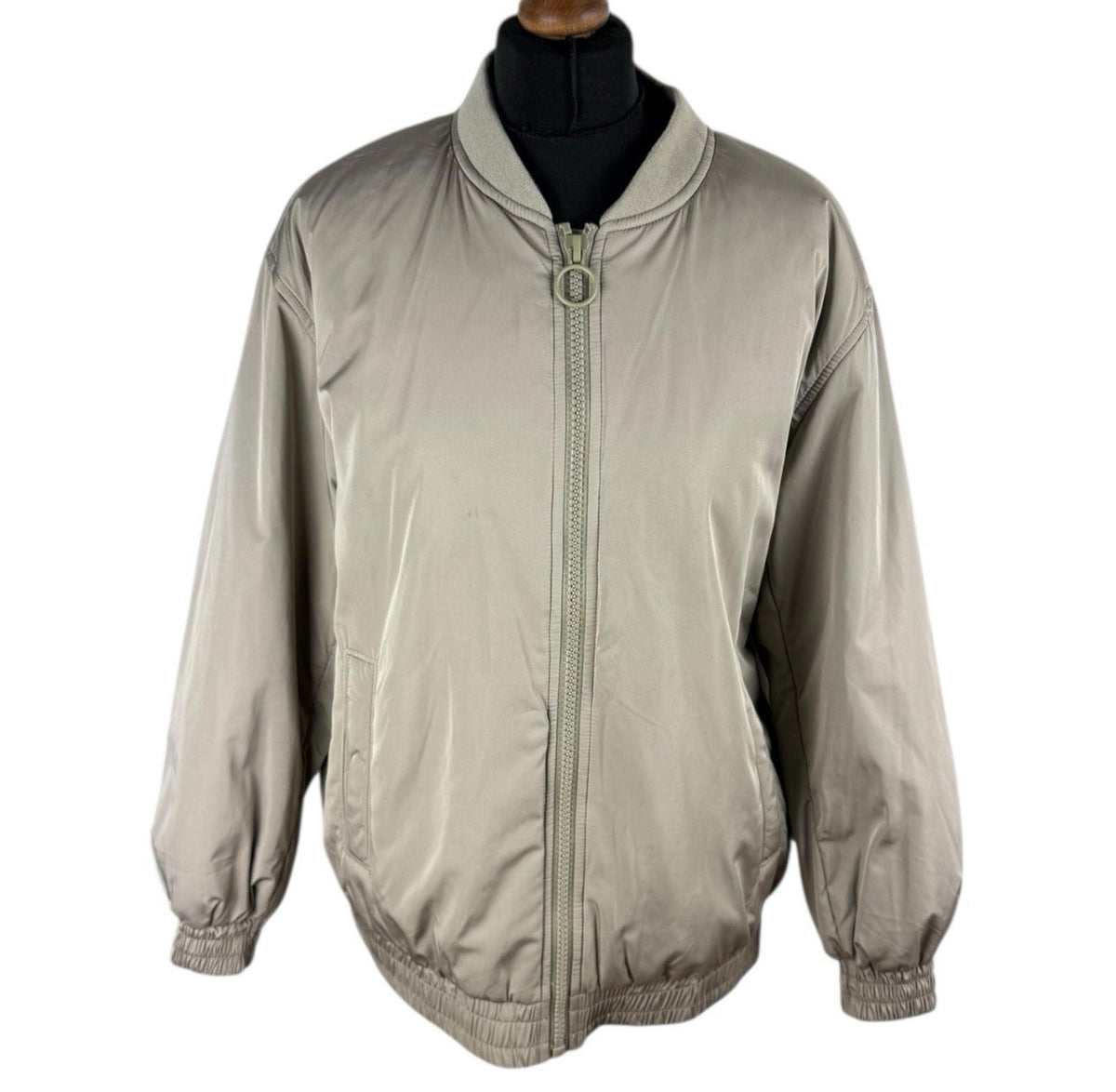 Stradivarius Oversized Bomber Jacket Coat Beige Mid Length Zip Up Women's UK Size XS