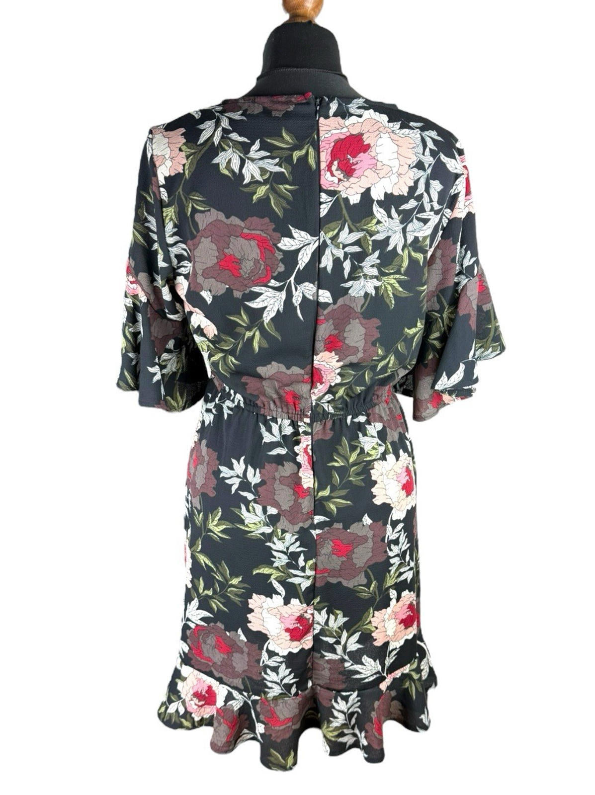 AX Paris Dress Black Floral Wrap Front Frill Knee Length Women's UK Size 10