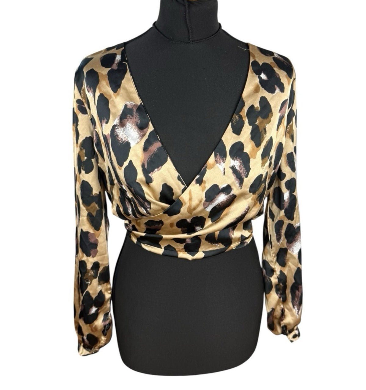Boohoo Satin Crop Top Leopard Print Backless V Neck Women's UK Size 12