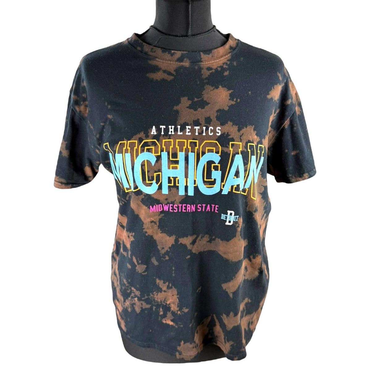 Tie-Dye Graphic Print T-Shirt Women's UK Size S Black Brown Michigan Crew Neck
