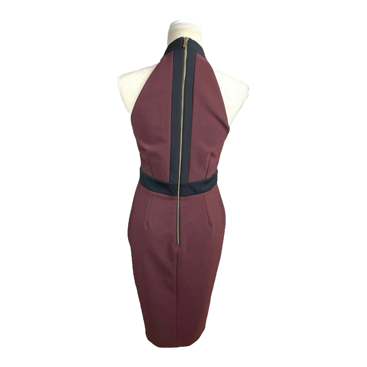 River Island Burgundy Midi Dress Bodycon Black Trim Women's UK Size 12