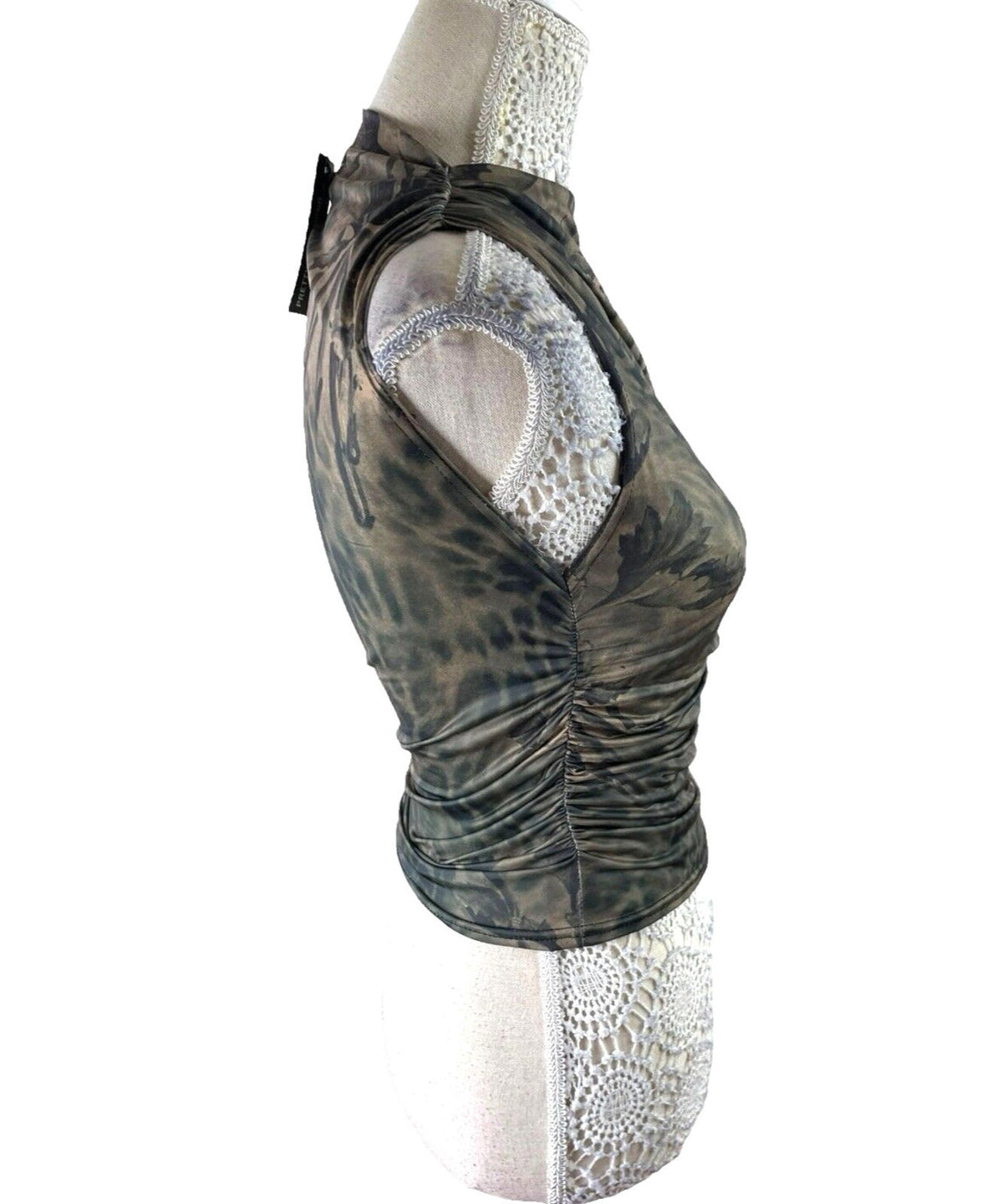 Pretty Little Thing Khaki Satin Tank Top High Neck Stretch Women's UK Size 8