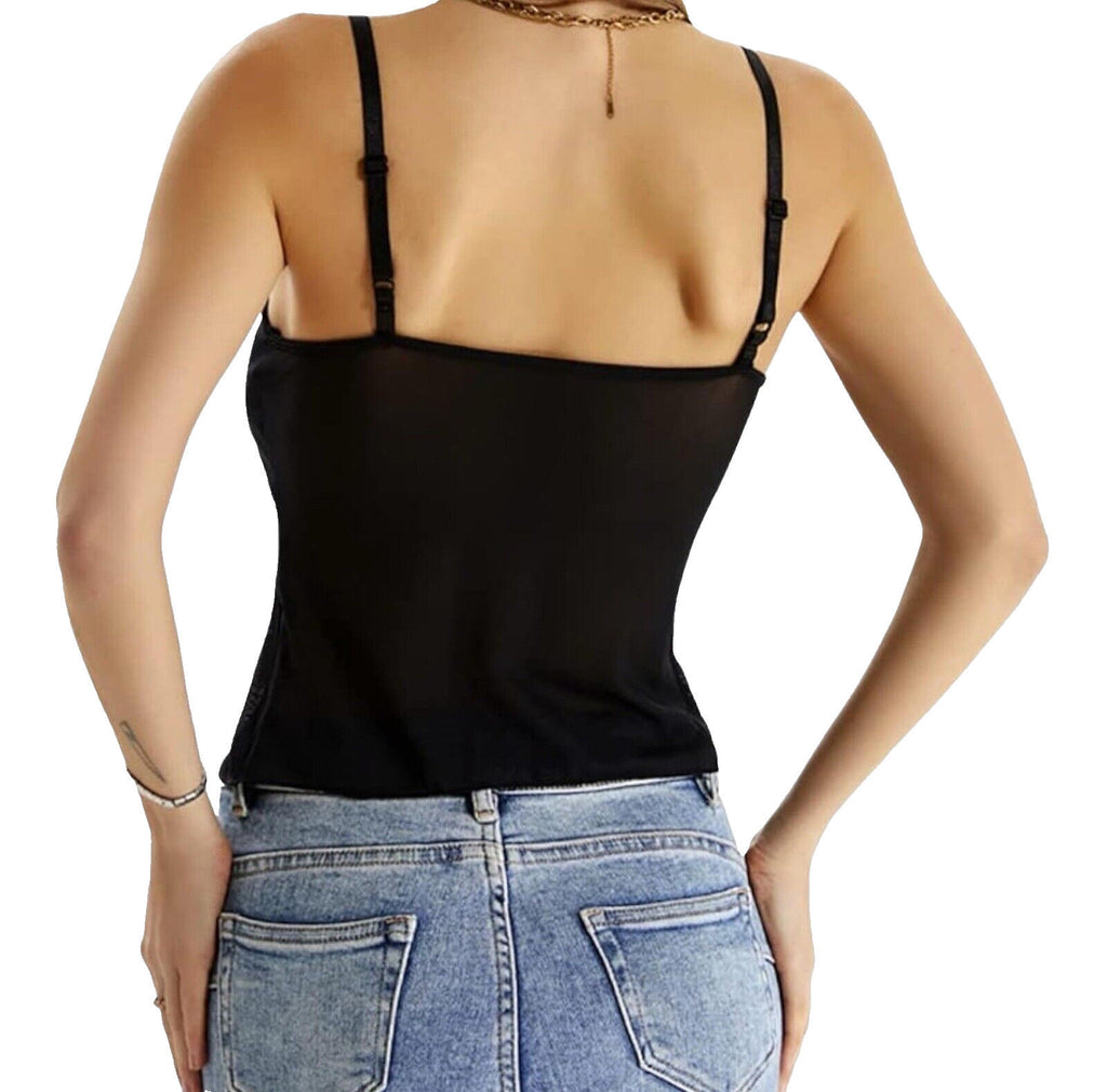 Atxyxta Black Sheer Camisole Top Gold D Ring Women's UK Size S