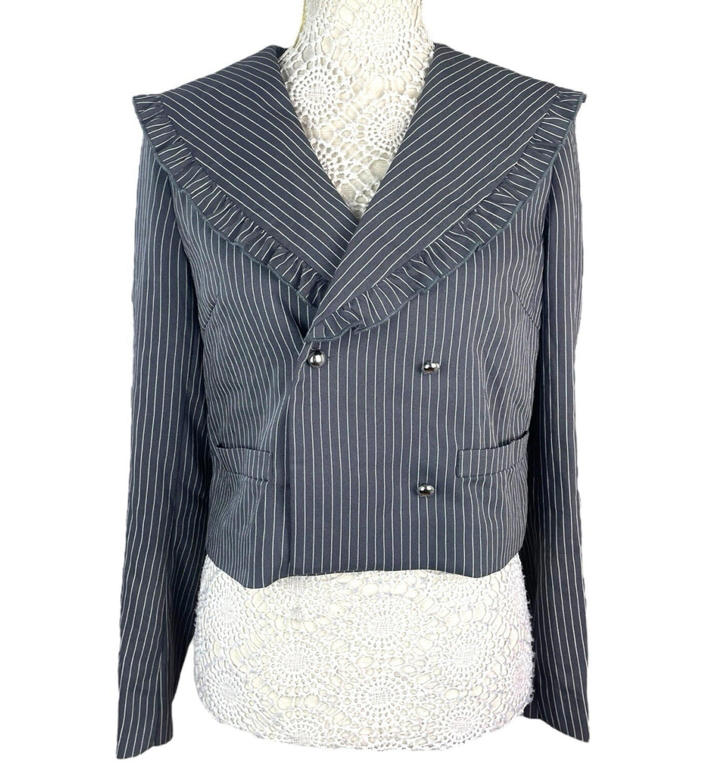 Pretty Little Thing Pinstripe Blazer Women’s UK Size S Grey Cropped Oversized Lapels Ruffle Trim