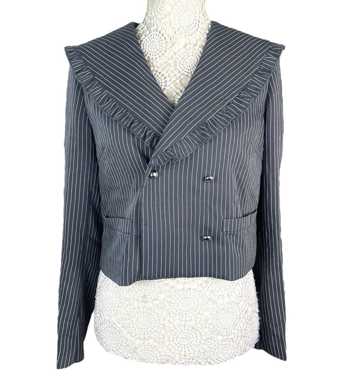Pretty Little Thing Pinstripe Blazer Women’s UK Size S Grey Cropped Oversized Lapels Ruffle Trim