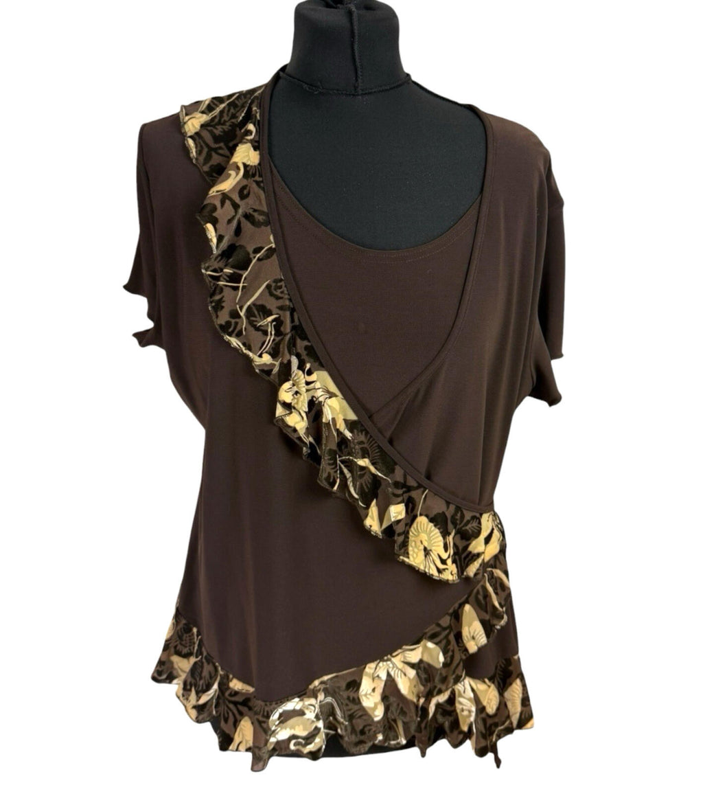 Saksos Skirt And Top Co-Ord Set Women's UK Size XL Stretch Floral Frill Brown