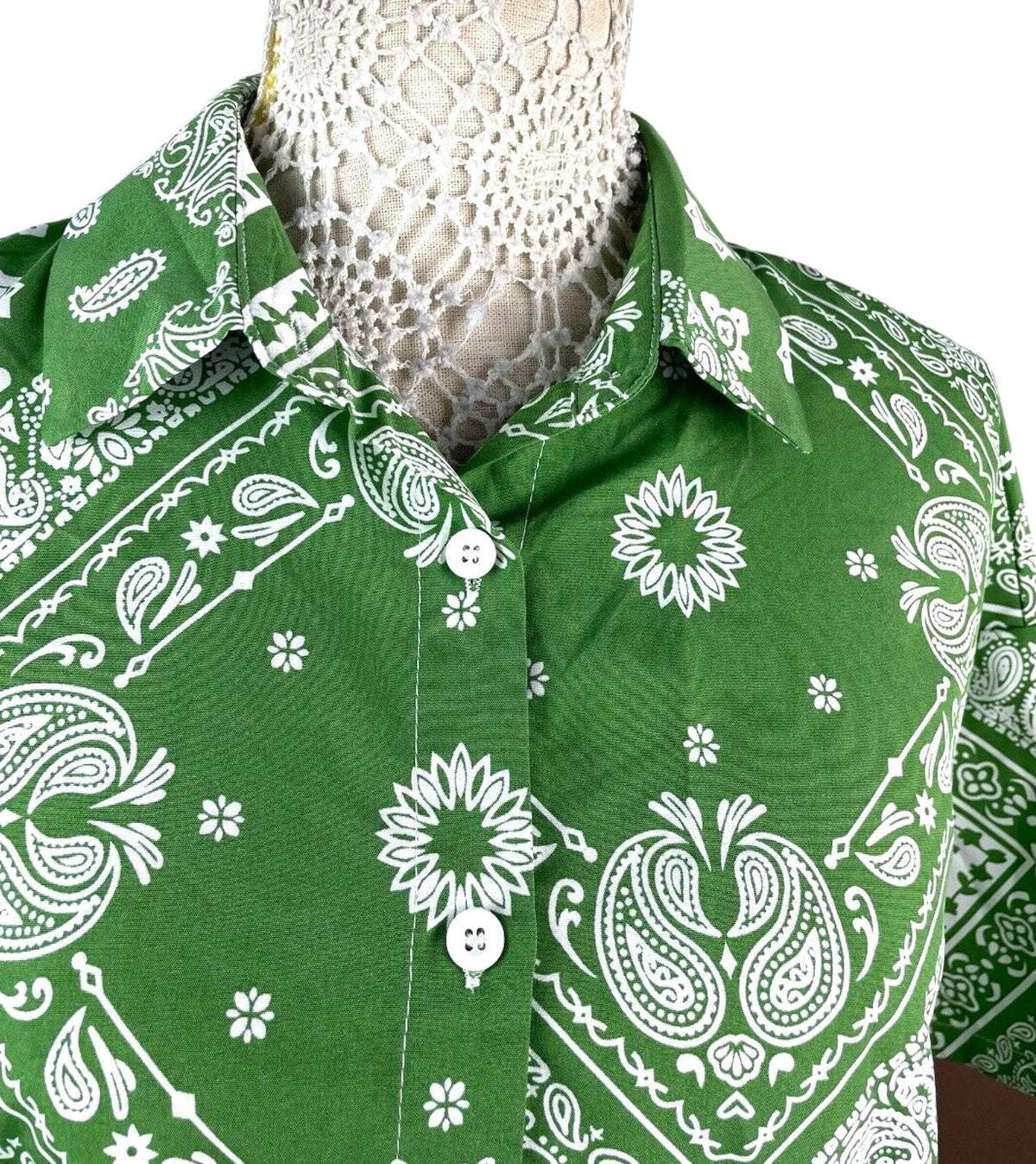 Shein Green & White Paisley Print Shirt Blouse Women's UK Size M