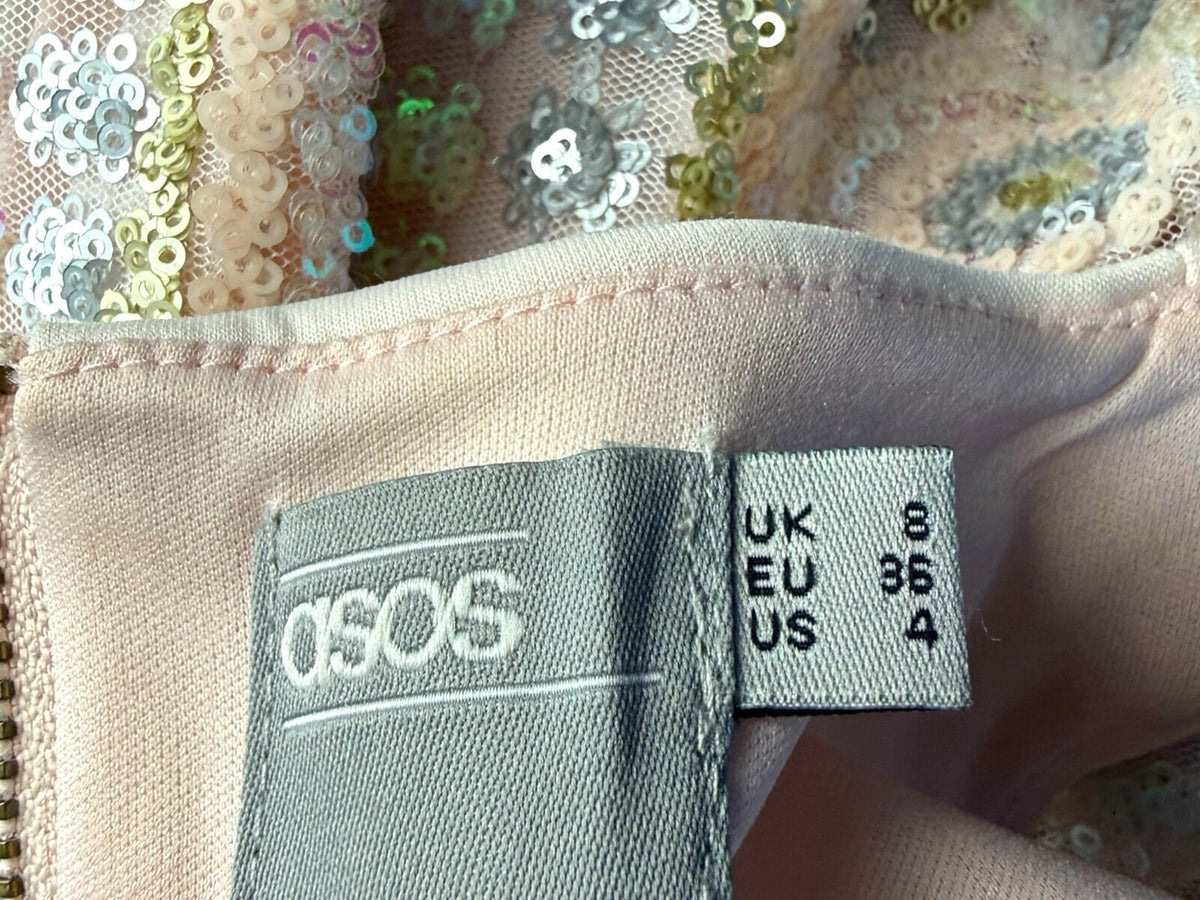 ASOS Beige ASOS Sequin Party Dress Women's UK Size 8 Knee Length Sleeveless Lined Pastel