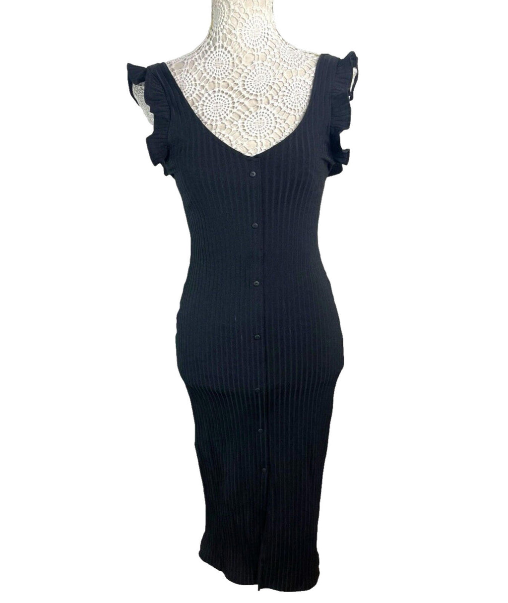 Zara Black Ribbed Maxi Dress Frill Straps Women's UK Size S