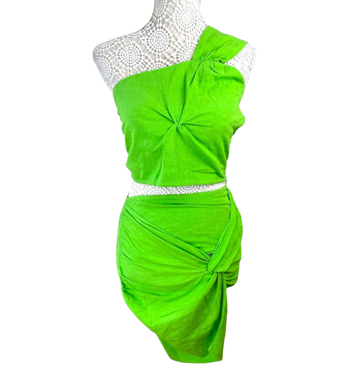 Ruched Skirt & Crop Top Set Women's UK Size 8 Bright Green Sarong One Shoulder
