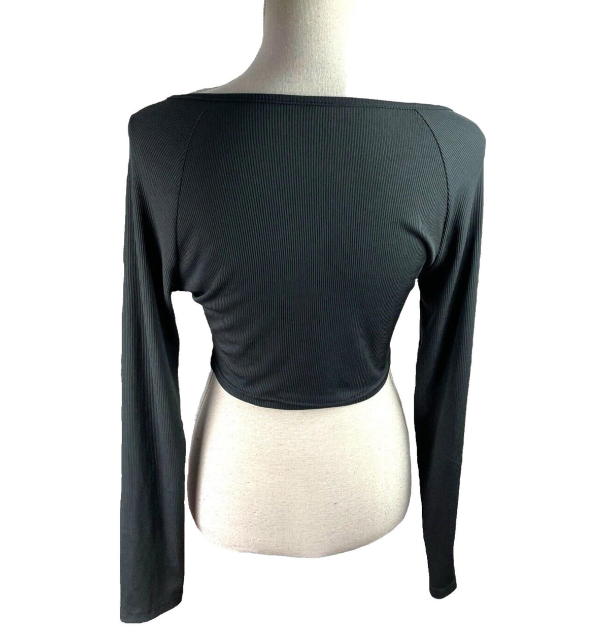 Shein Crop Top Women's UK Size L Black Ribbed Long Sleeve V-Neck Heart Cutout