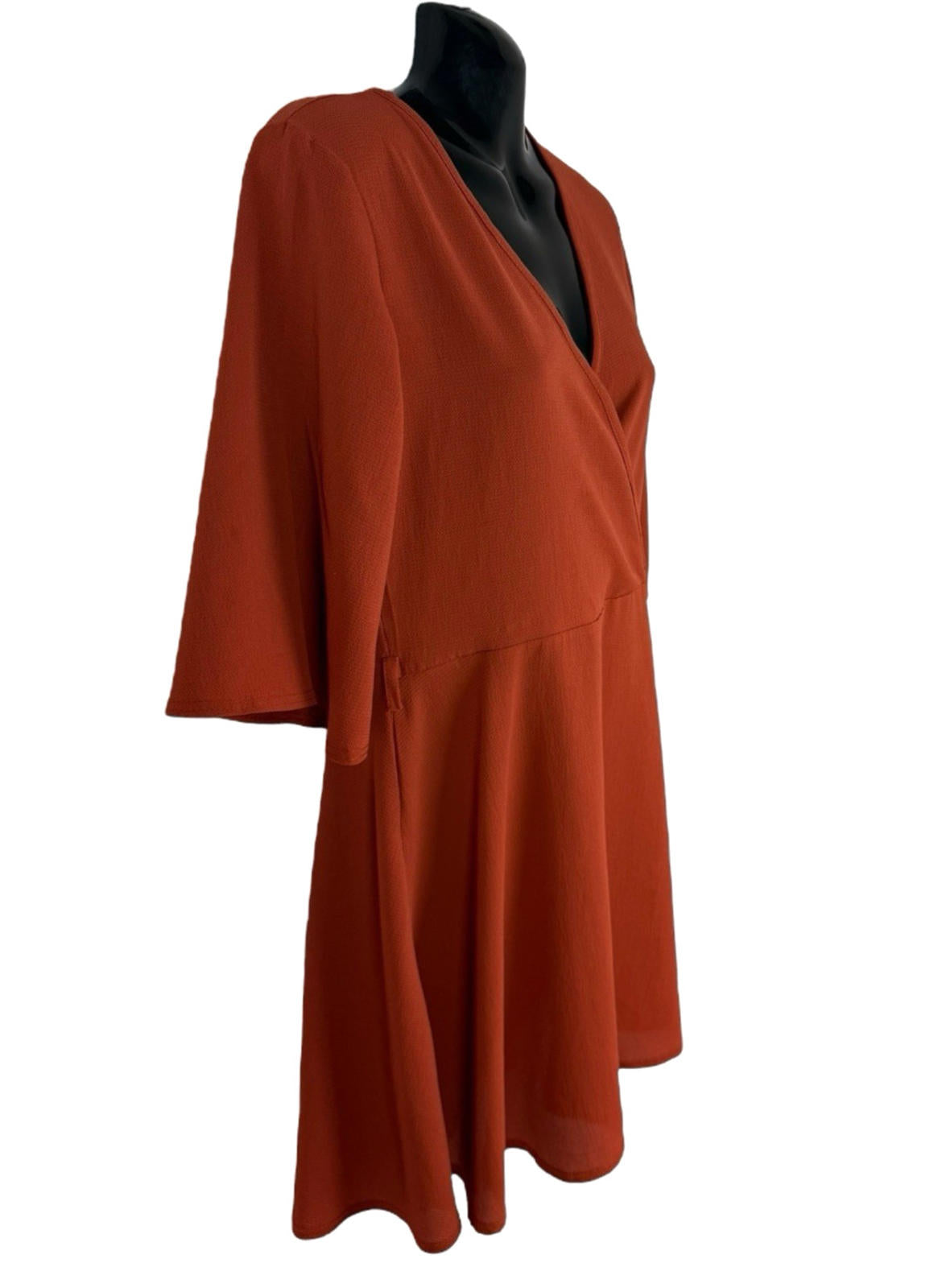 Boohoo Burnt Orange Mini Dress V Neck 3/4 Sleeve Women's UK Size 12