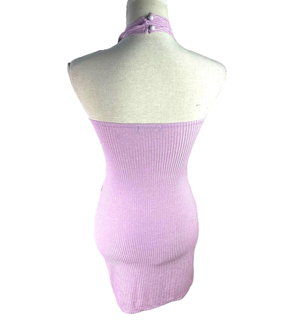 Figi Lilac Ribbed Cut Out Bodycon Mini Dress Halter Neck Women's UK Size 8