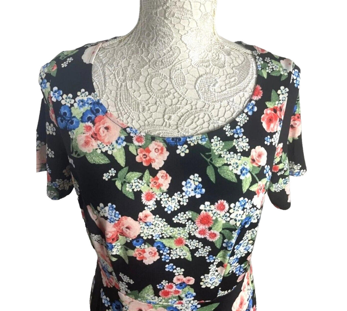 Anthology Floral Midi Dress Women's UK Size 12 Black Short Sleeve Round Neck