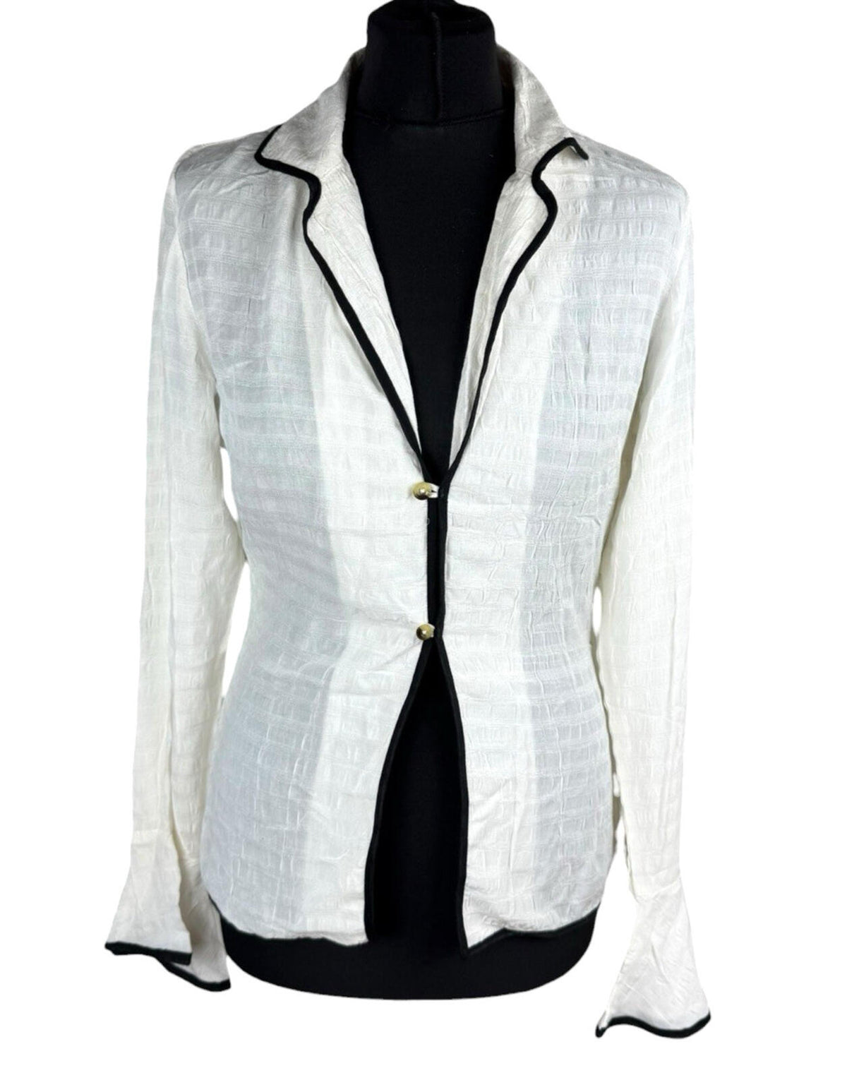 White Linen Blazer Blouse Top Women's UK Size S Flared Sleeves Ivory & Black Piping