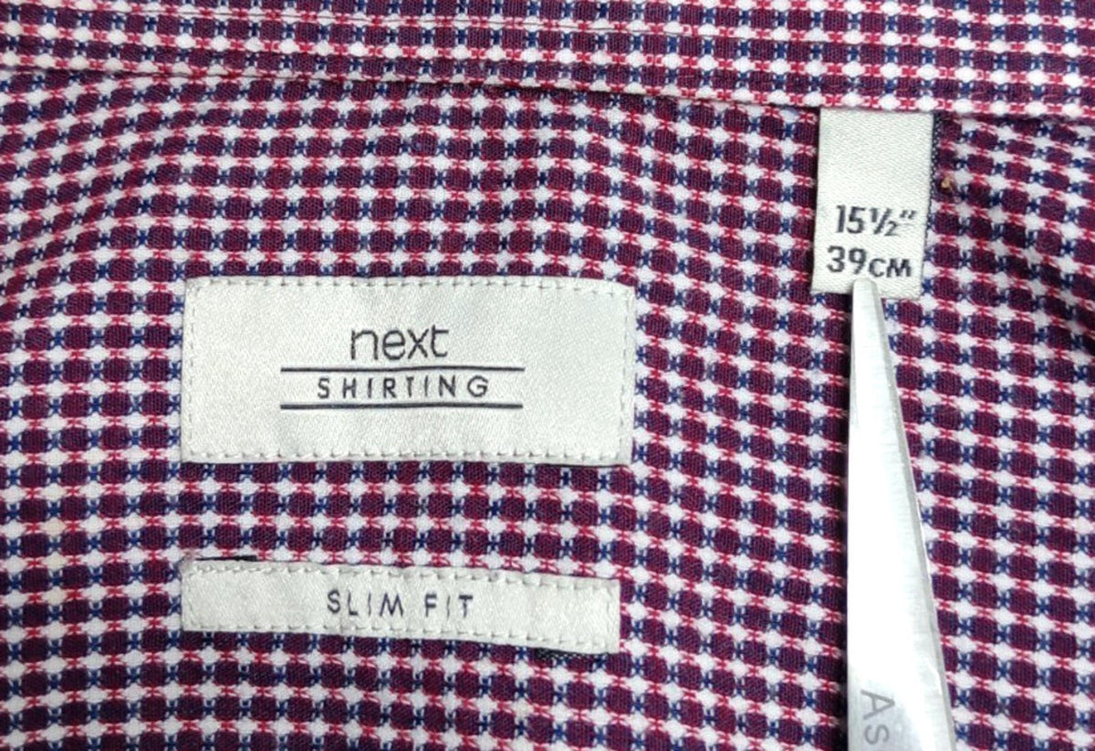 Next Shirt Men's UK Size S Long Sleeve Red Check Mixed Fabric Slim Fit