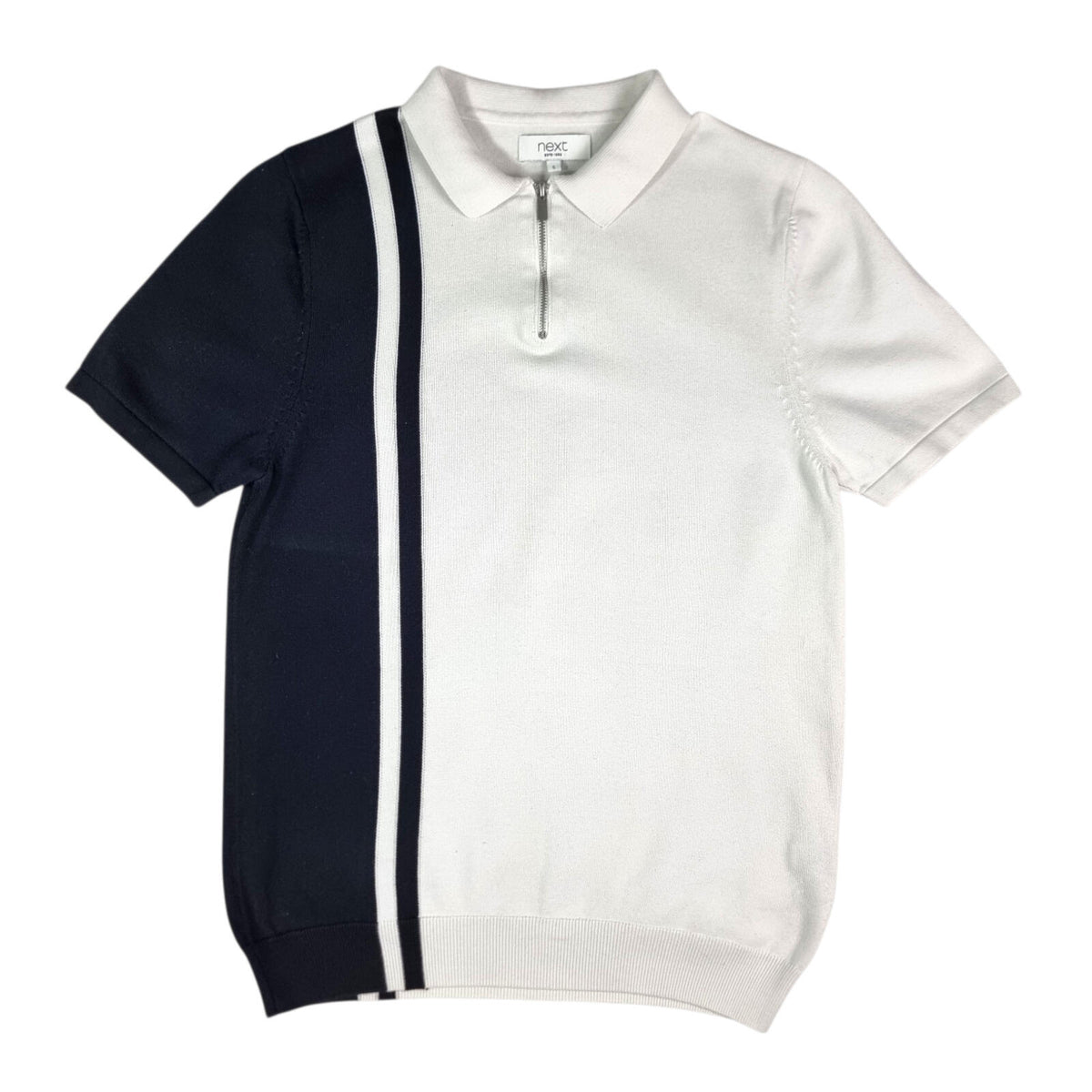 Next White Next Knit Polo Shirt Men's UK Size S White Blue 1/4 Zip Short Sleeve 100% Cotton