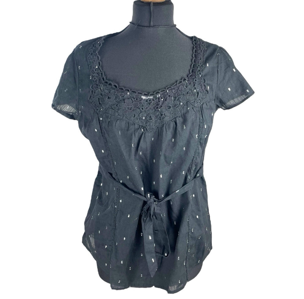 Oasis Black Oasis Blouse Women's UK Size 10 Black Glitter Lace Neckline Belted