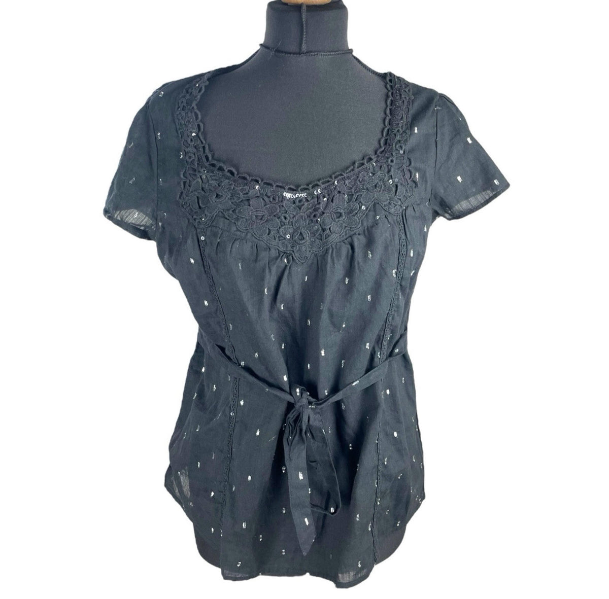 Oasis Black Oasis Blouse Women's UK Size 10 Black Glitter Lace Neckline Belted
