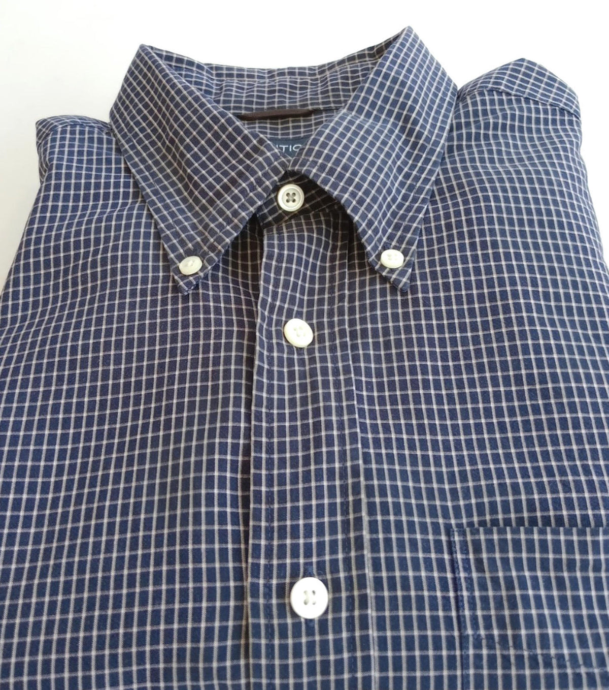 Nautica Blue Check Button Down Shirt Men's UK Size L Long Sleeve Pocket Vintage