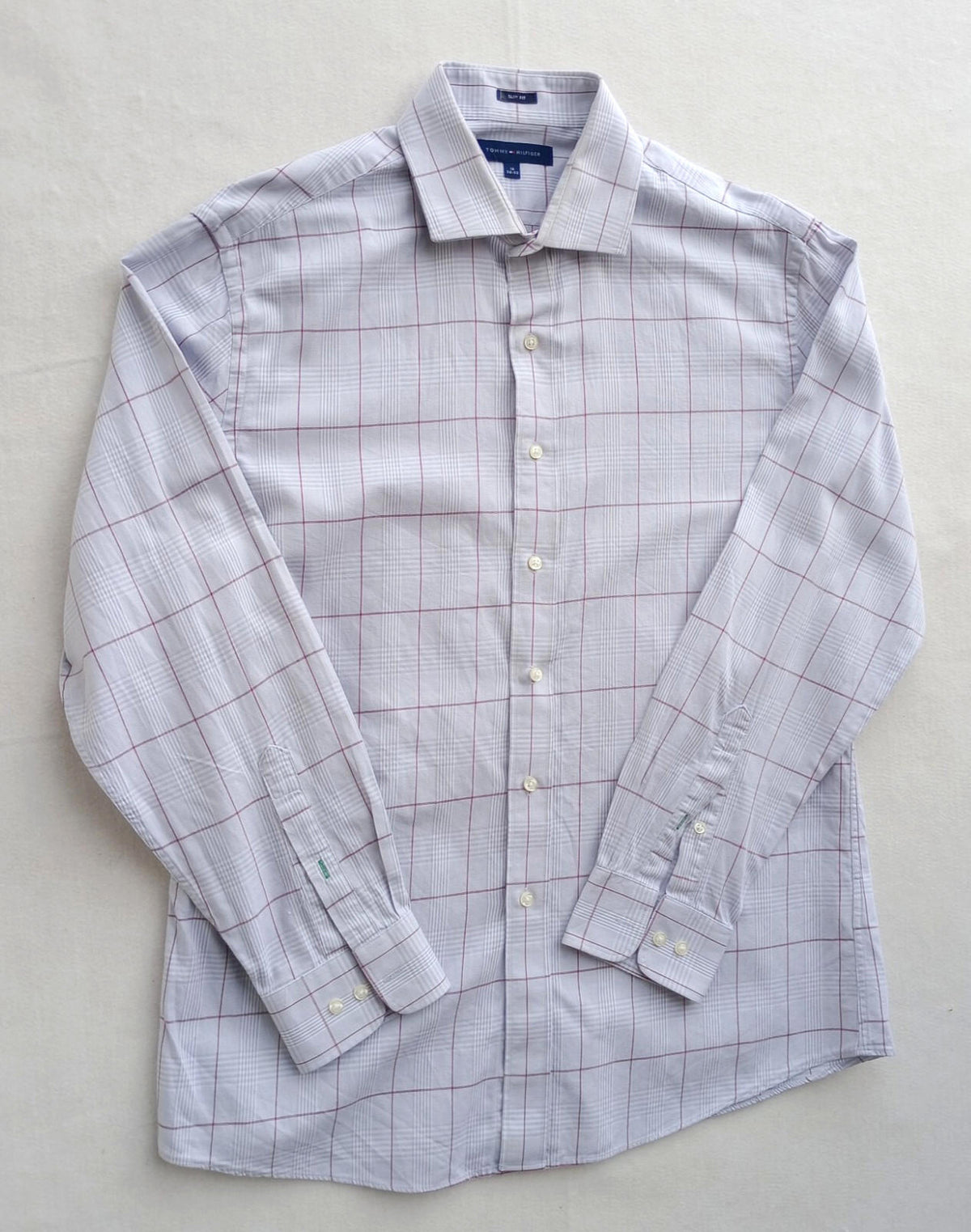 Tommy Hilfiger Shirt Men's UK Size L Beige Check Long Sleeve Pockets Slim Fit
