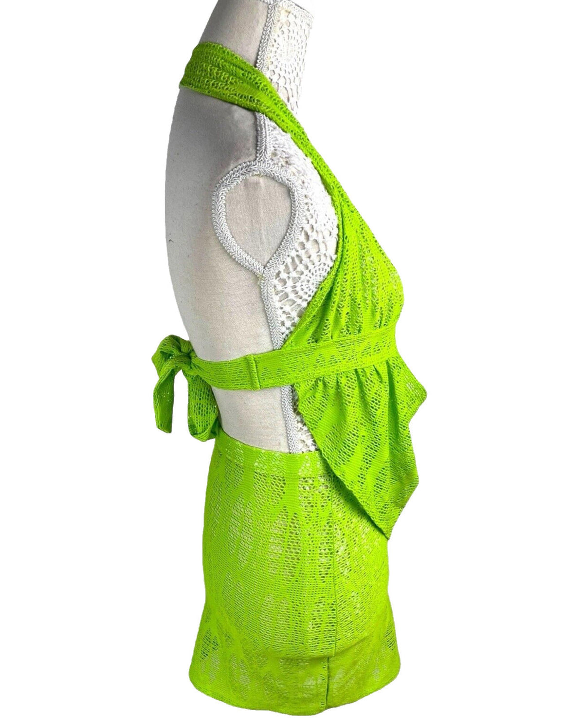 Lime Green Knit Mesh Skirt Co-Ord Set Cowl Halter Neck Women's UK Size 8