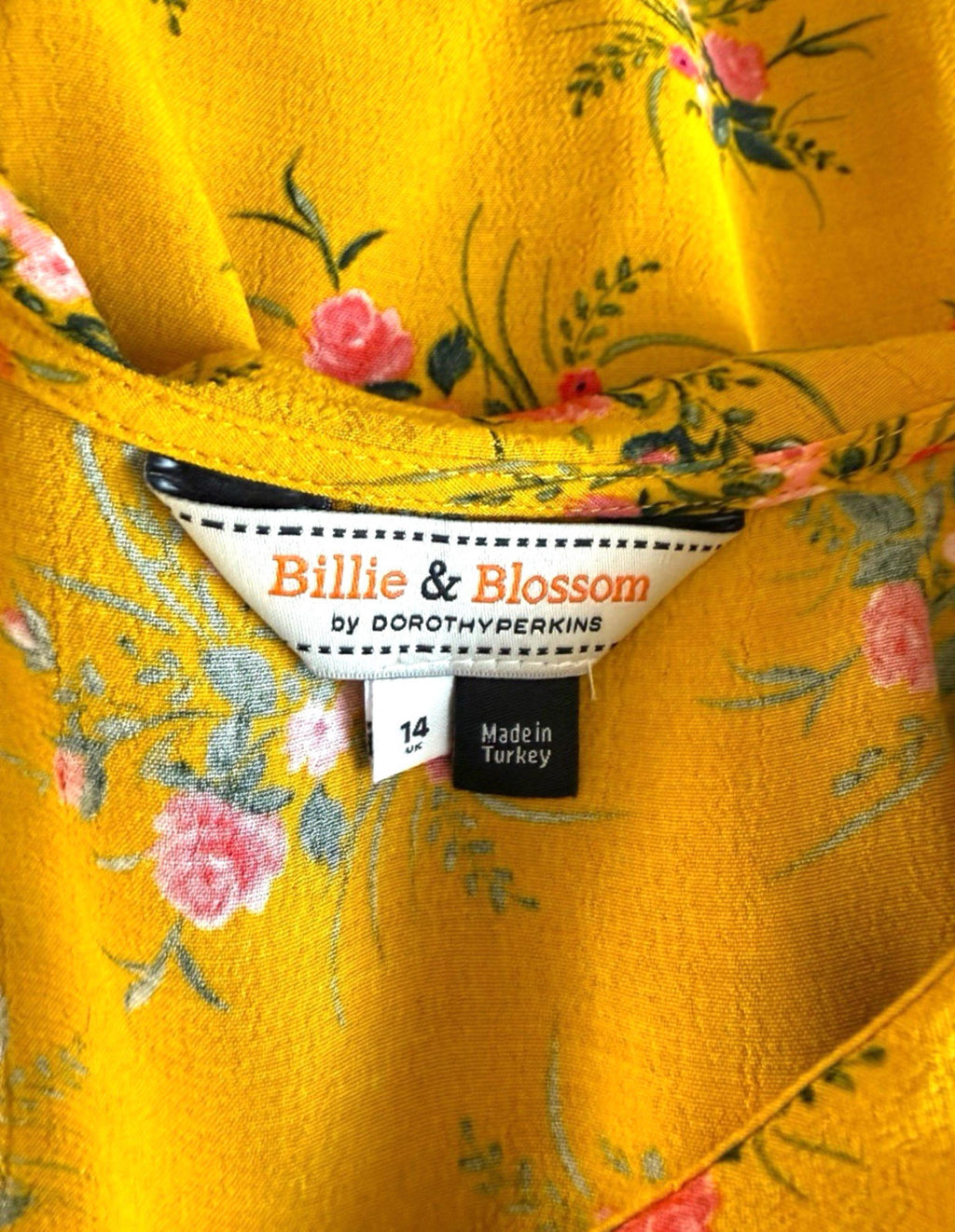 Dorothy Perkins Floral Blouse Women's UK Size 14 Yellow Ruffle Collar Tie Neck