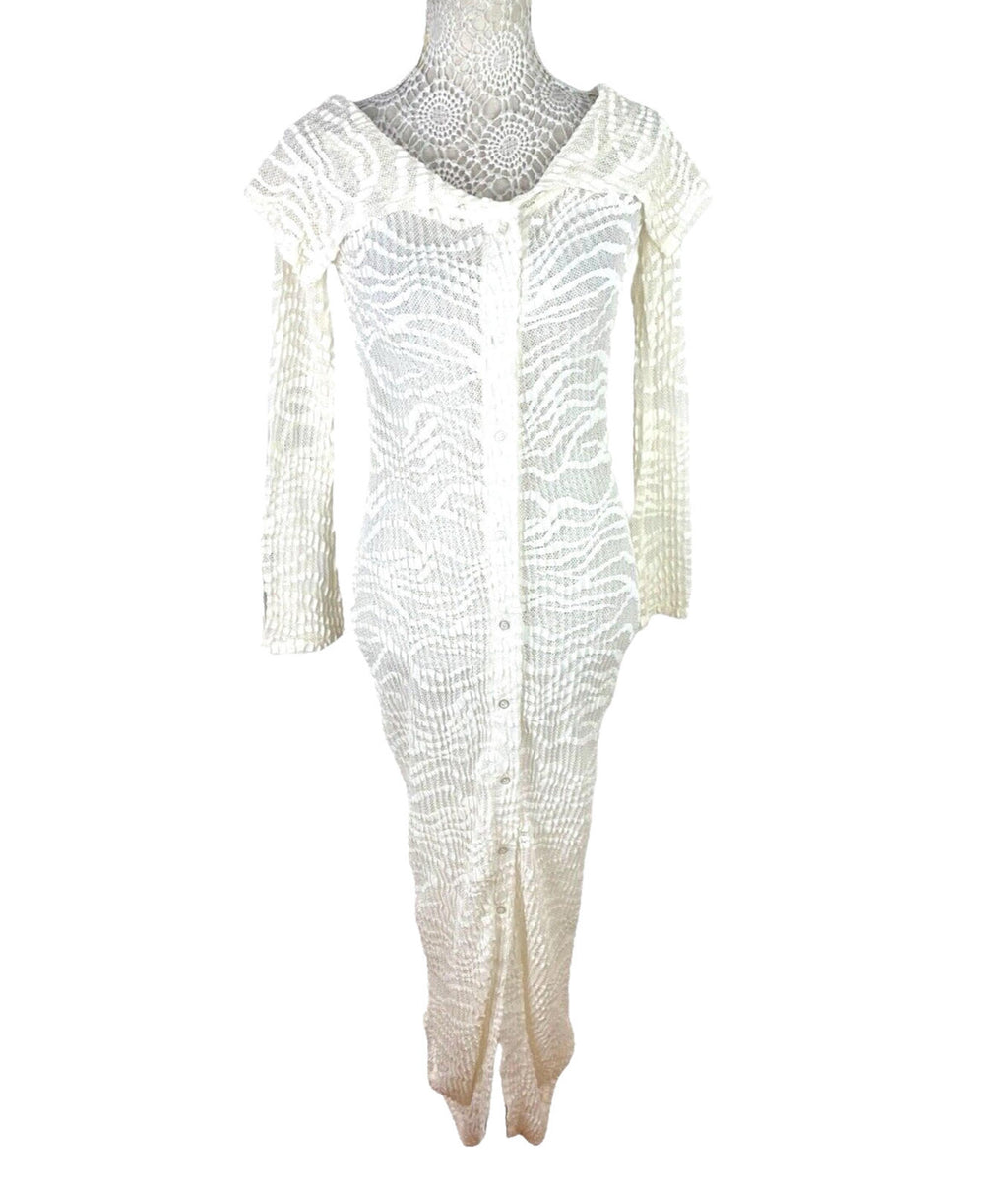 Maxi Dress Cream Textured Semi Sheer Shirt Dress Long Sleeve Women’s UK Size 8