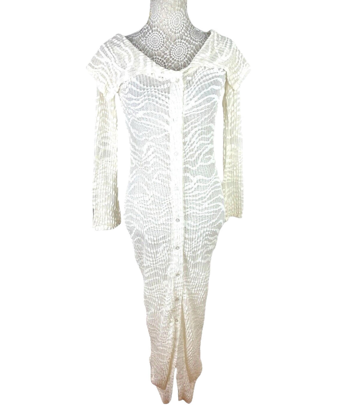 Maxi Dress Cream Textured Semi Sheer Shirt Dress Long Sleeve Women’s UK Size 8