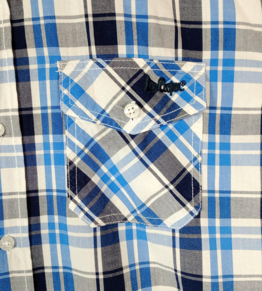 Lee Cooper Men's Shirt UK Size L Blue Check Short Sleeve Pockets 100% Cotton