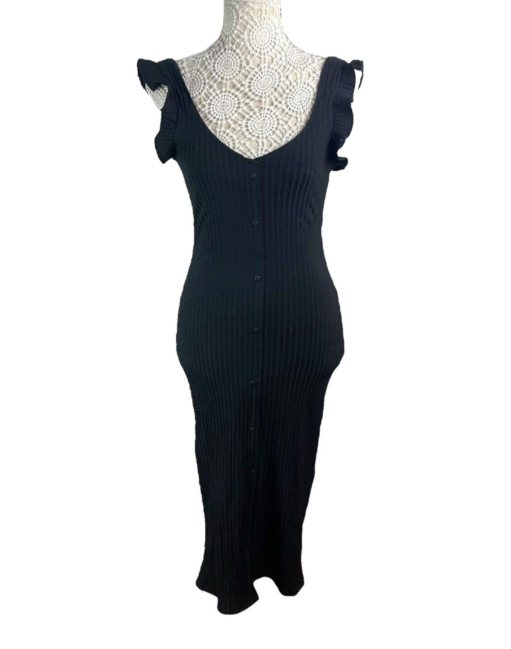 Zara Black Ribbed Maxi Dress Frill Straps Women's UK Size S