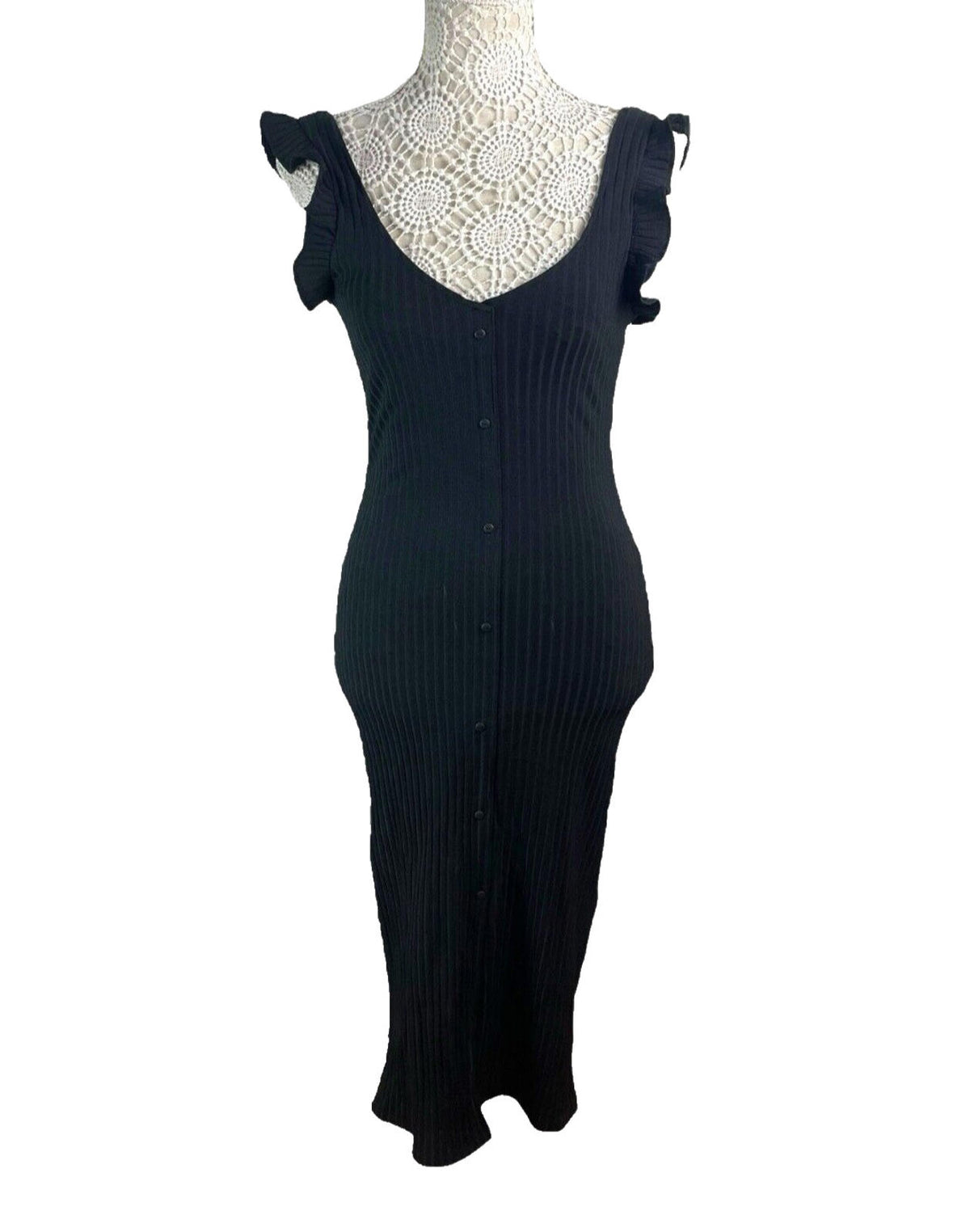 Zara Black Ribbed Maxi Dress Frill Straps Women's UK Size S