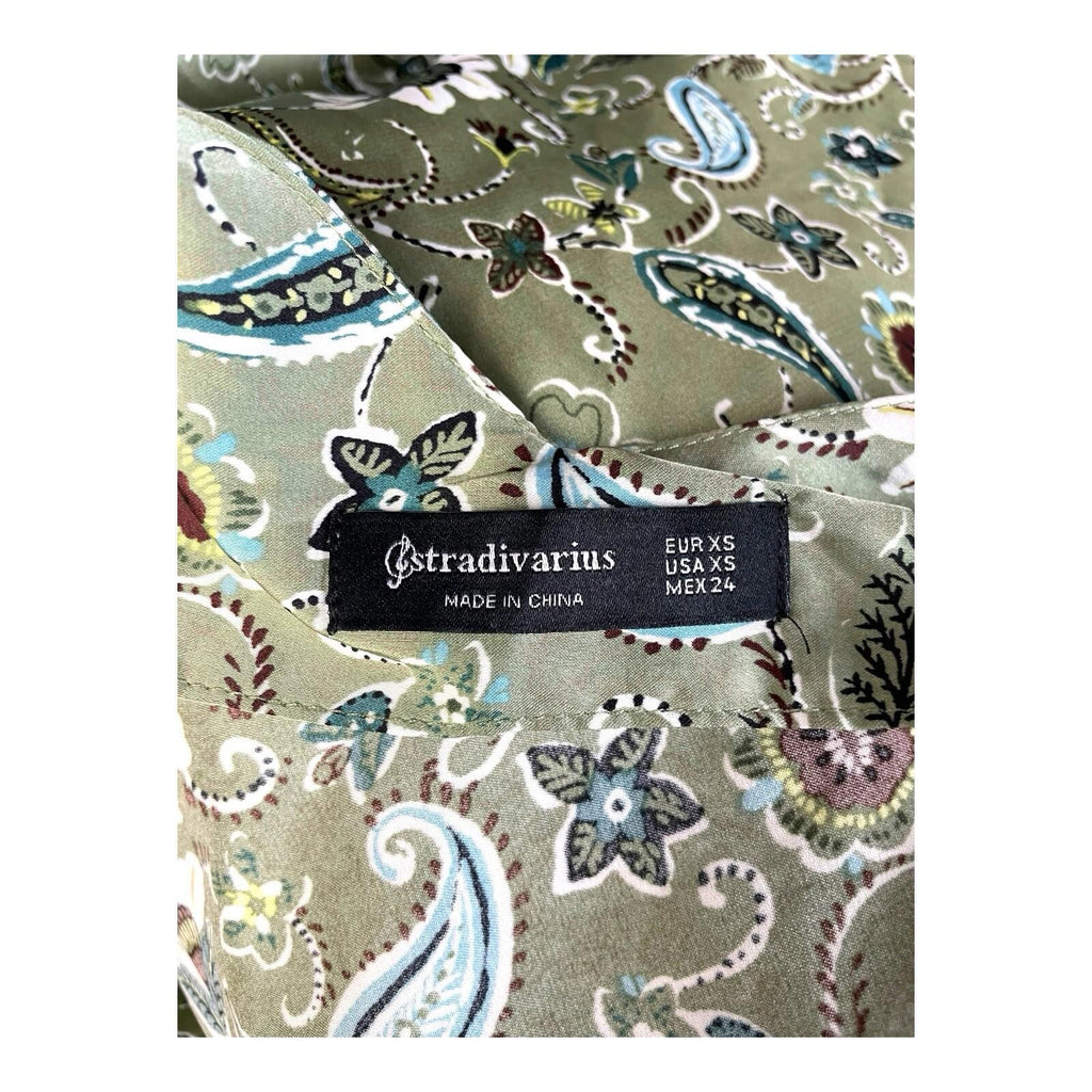 Stradivarius Floral Satin Mini Dress Women's UK Size XS Green Slip Paisley Print